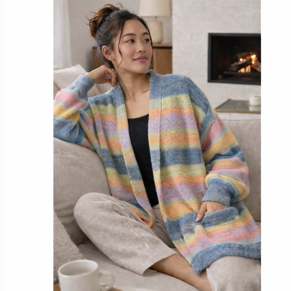 Oliver.o Anthropologie Knit Cardigan‎ Sweater Sz L Colorful Cozy Mohair
